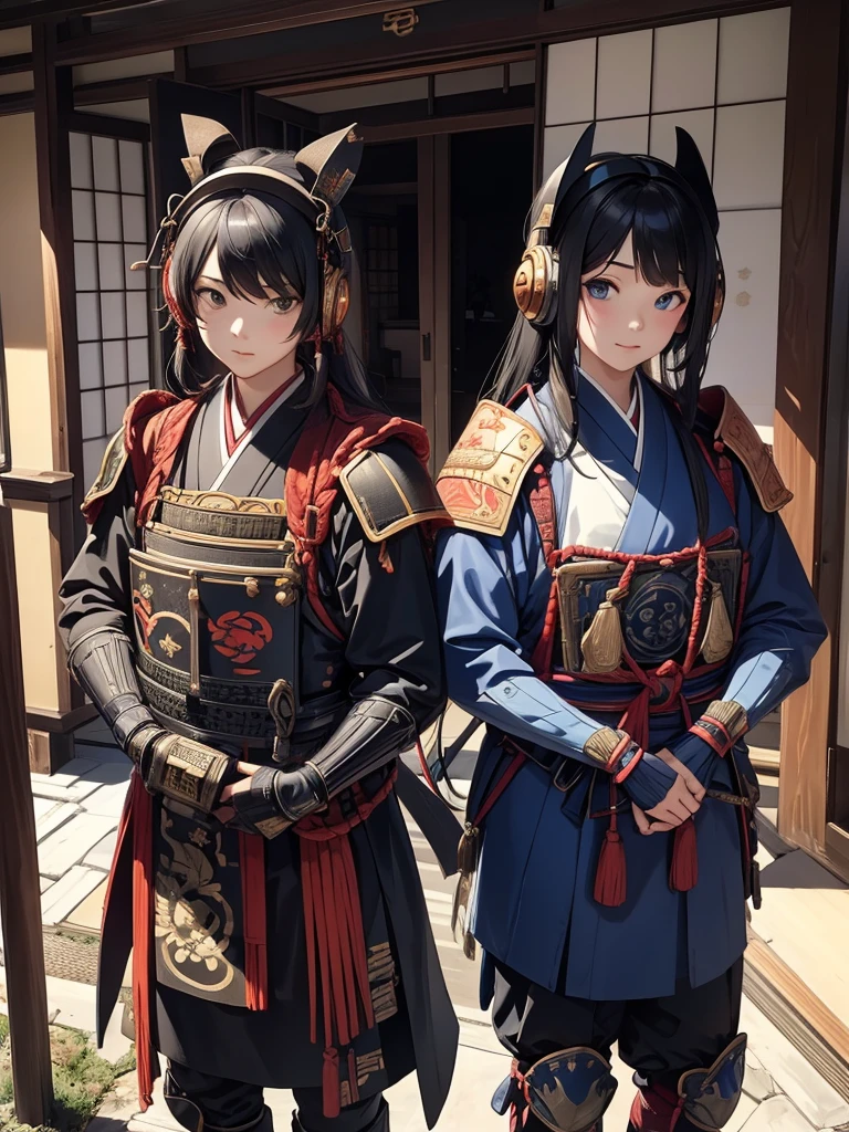  masterpieces at the front door of the house、（ west shots in an Edo period town in Japan:1.3）、 Anime Beautiful Girl、（Age 19）、（Futuristic design earmuffs with perfect Anatomy :1.4）、（6.5 heads）、smile、Military commander、（ Japanese Armor ）、（ Japanese armor）、（姫Military commander）、Composition of 