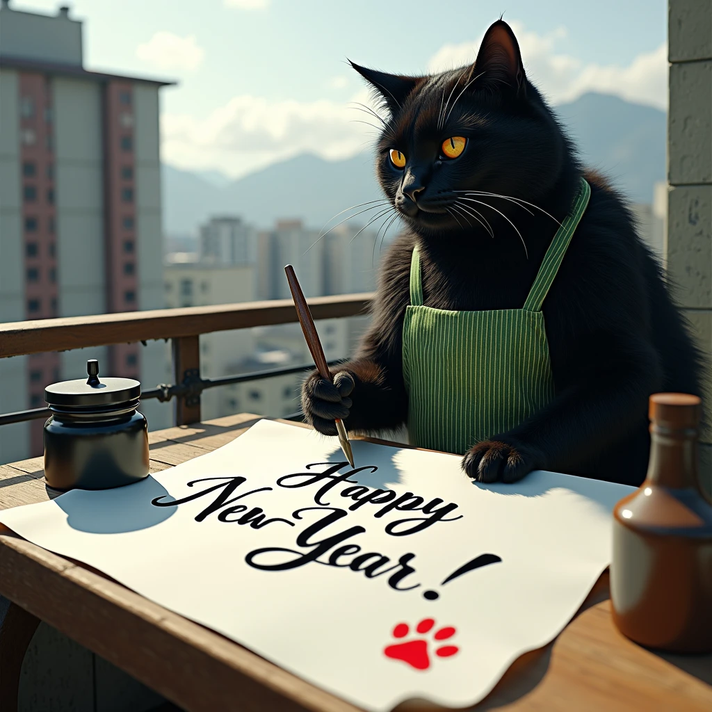 ultra-realistic, photorealistic, dramatic scene, shadow, global-illumination, the human-like giant black cat\(wearing a vertical striped green apron, black cat, holding a big thick brush for calligraphy\), the cat is writing a huge piece of calligraphy at the balcony, the calligraphy\(a huge work of art written in English cursive using a brush, the words "Happy New Year!" is written on the huge white handmade paper on the outdoor table, a red stamp of cat paw\), a large black ink bucket, at the balcony of the stylish Japanese urban apartment, sunny day in winter