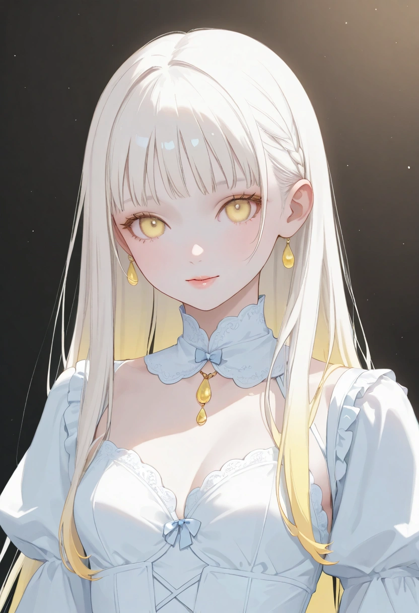  bright color:1.7、   pastel colors that lose luster   :1.7、( top quality 、masterpiece、    very detailed、    One Girl   、((Very cute face)) , ((   long hair )), Long white hair,   very long straight hair , Short bangs, Albino white skin, Pale yellow eyes ,    realistic feel that conceals female genitals  ,   cute face、Silky Short Blonde、 Knee、    Gothic Fashion、    very detailed目、  cute face、 bright color:1.7、   pastel colors that lose luster   :1.7