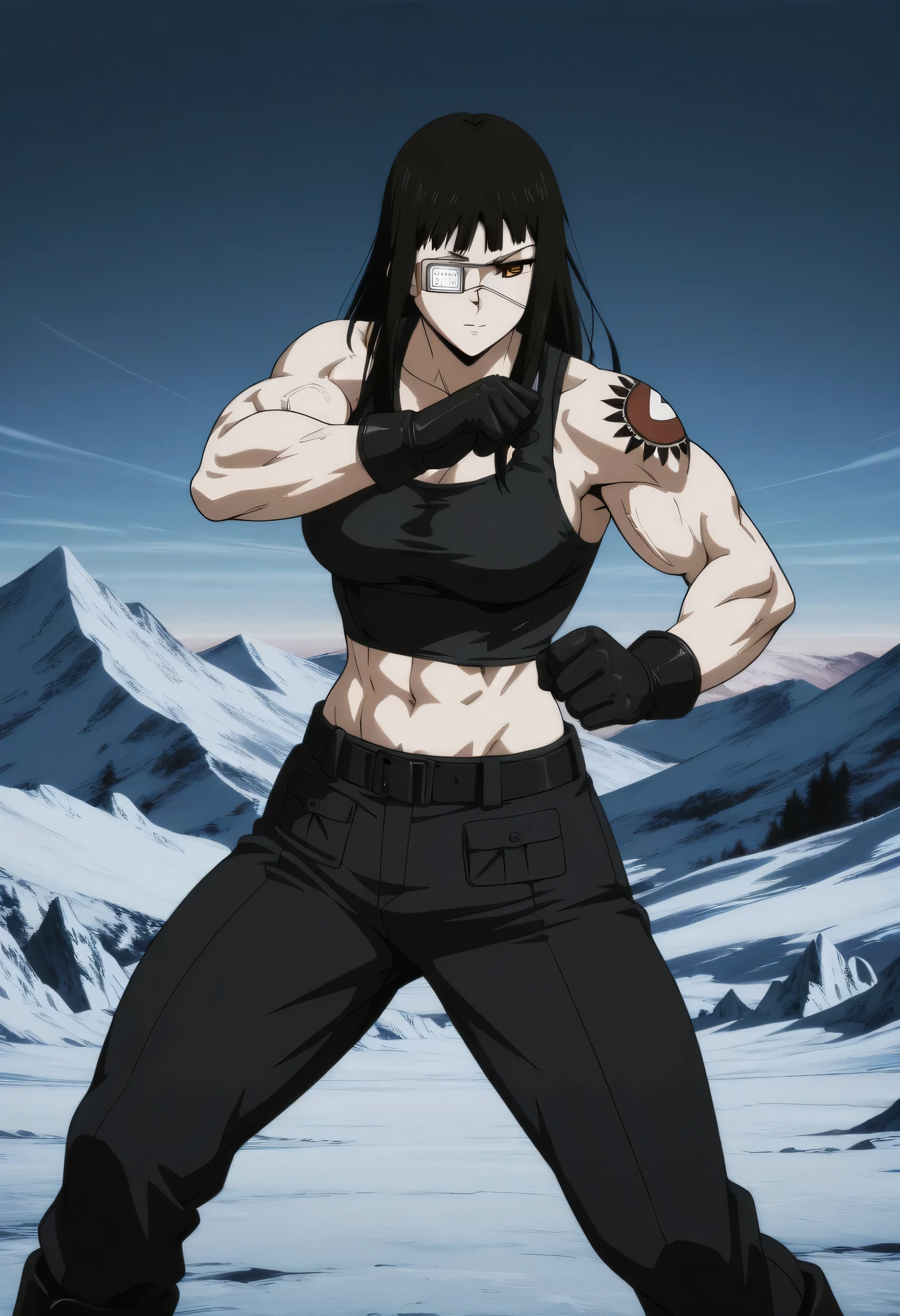 1girl,solo,mm,mature female,black hair,eyepatch,brown eyes,medium breasts,anime coloring,long hair, muscular, ,cowboy shot,,ice mountain, ,winter military open black jacket with black midriff tank top with black trousers with belt, fighter boots, open gloves, ,masterpiece,best quality,amazing quality,detailed muscles,muscles lines,muscles big size,pelvis muscles,standing fighting position,tattoos,Athletic appeal