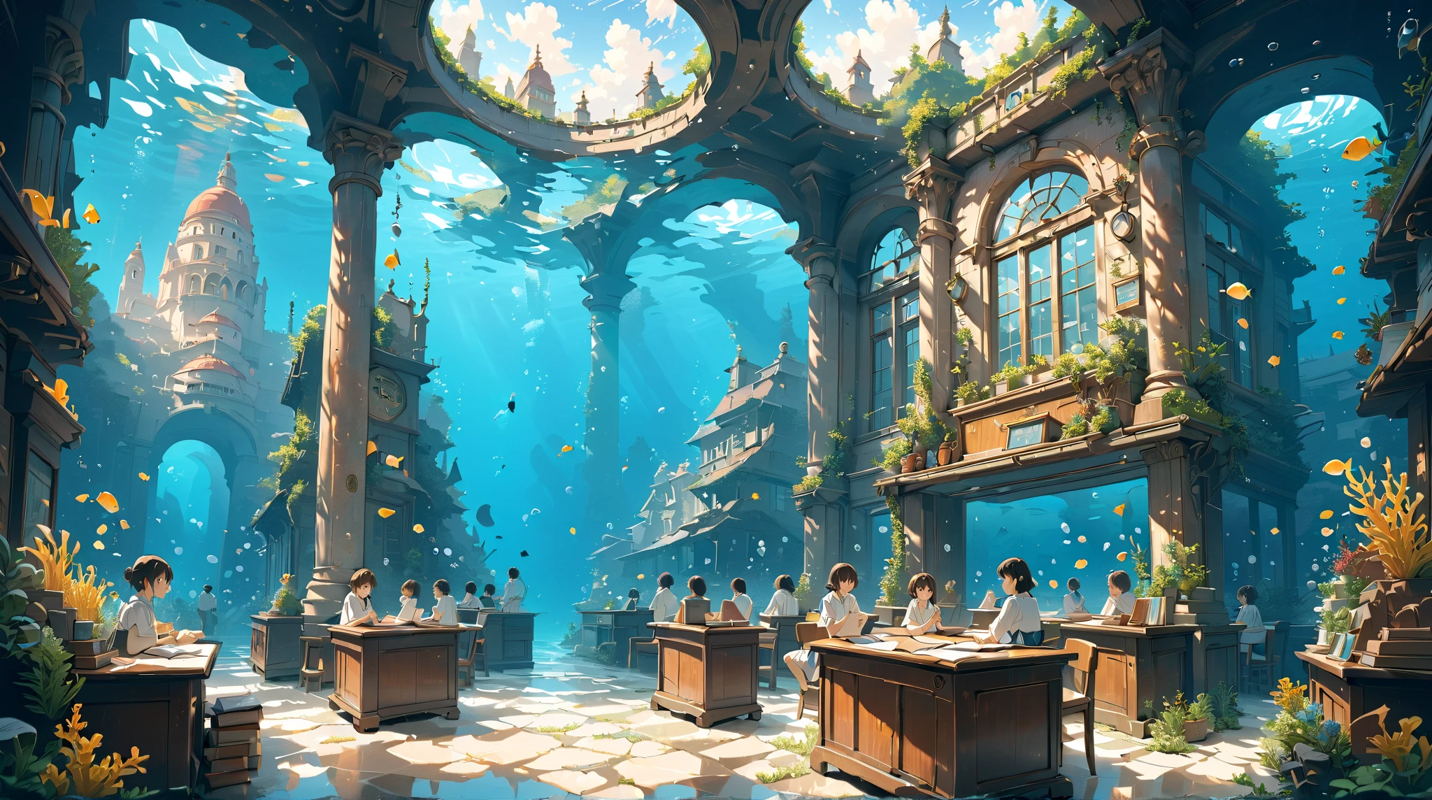 underwater, classroom, students, people, (masterpiece, ultra detailed, top quality), anime, studio ghibli, detailed background.