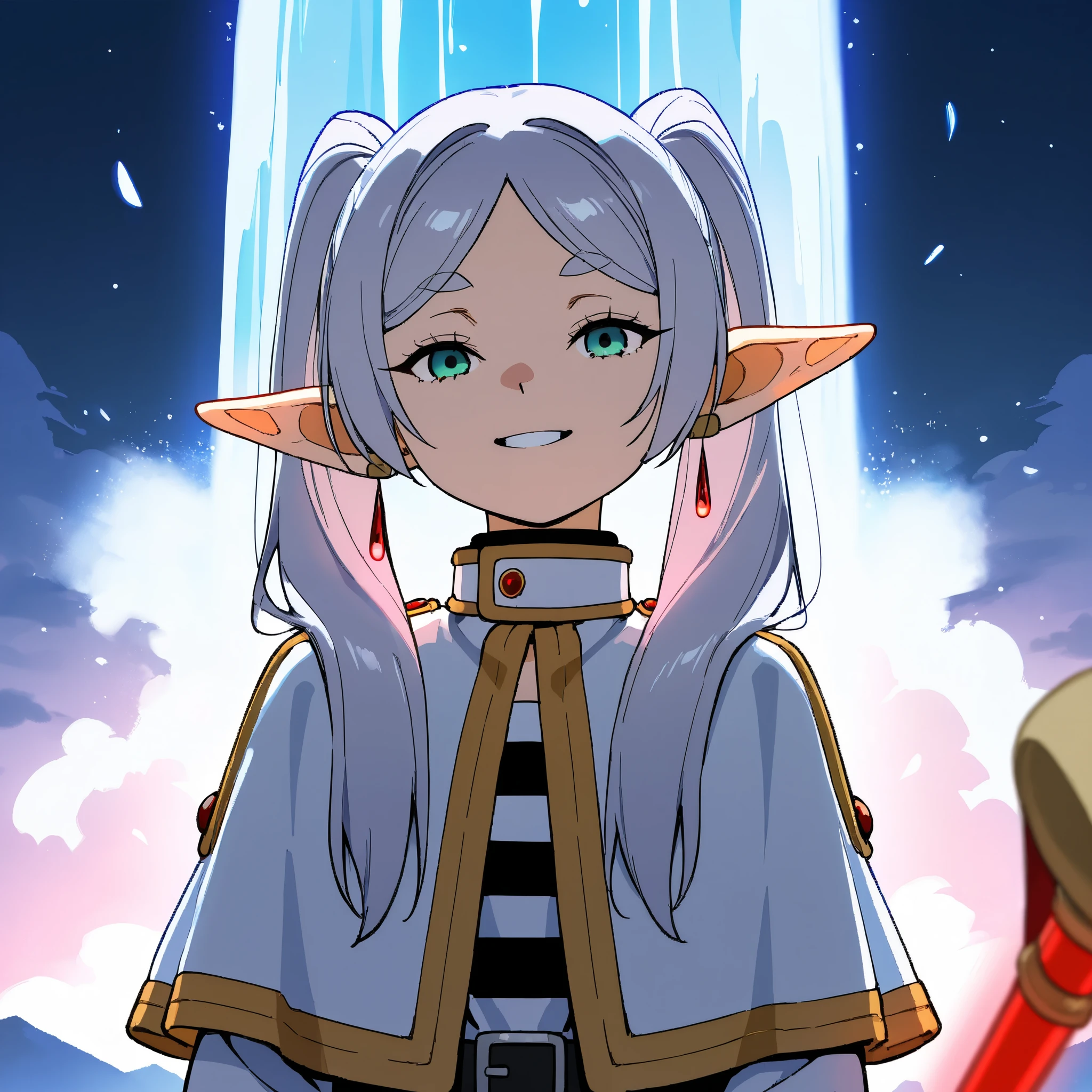 anime, Frieren, capelet, cute grin, glowing weapon, glowing waterfall, night, 8k, absurdres, masterpiece