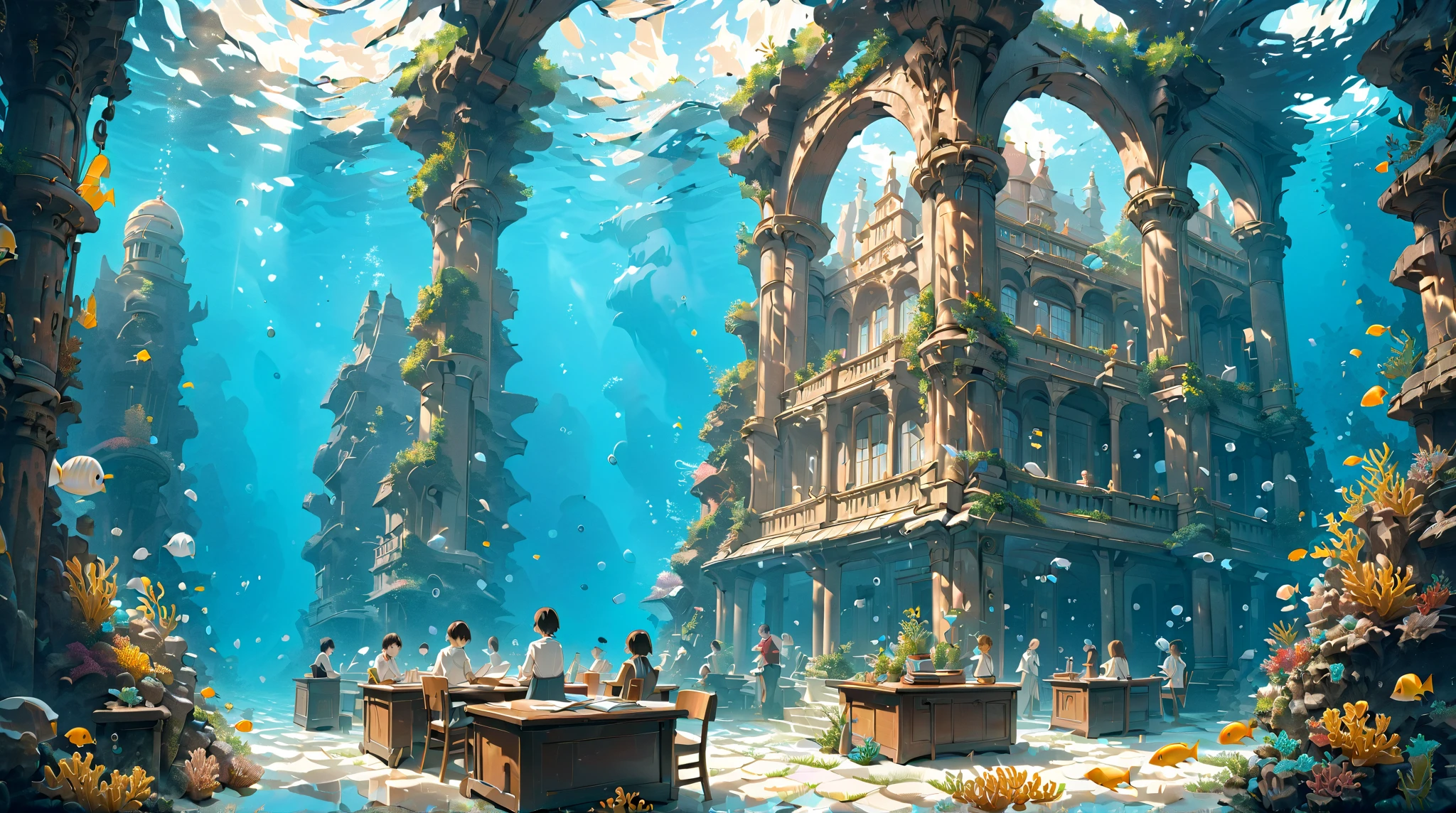 underwater, classroom, students, people, (masterpiece, ultra detailed, top quality), anime, studio ghibli, detailed background.