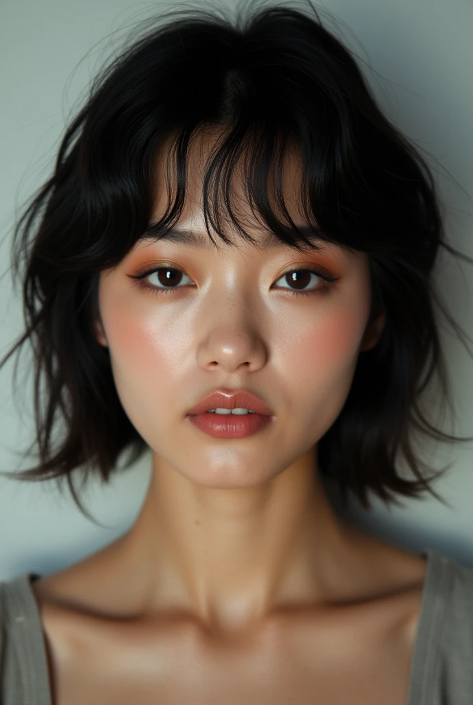 A beautiful   girl, modern hair to shoulders length with short bangs , ((wide lips)), ((slanted eyes)), (small nose). wearing a kimono, very realistic picture, reflex canon professional picture, (supermodel face), north korean face, portrait of face, zoom in face, tanned