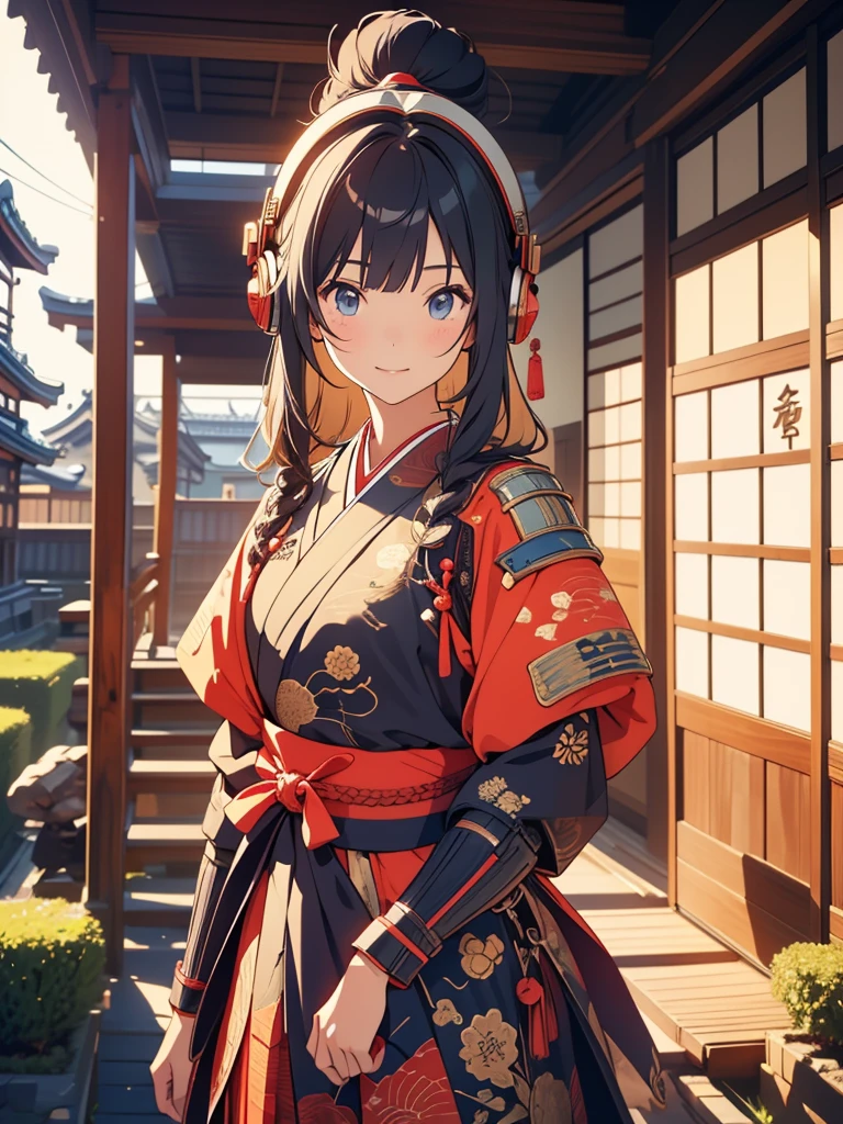  masterpieces at the front door of the house、（ west shots in an Edo period town in Japan:1.3）、 Anime Beautiful Girl、（Age 19）、（Futuristic design earmuffs with perfect Anatomy :1.4）、（6.5 heads）、smile、Military commander、（ Japanese Armor ）、（ Japanese armor）、（姫Military commander）、Composition of 