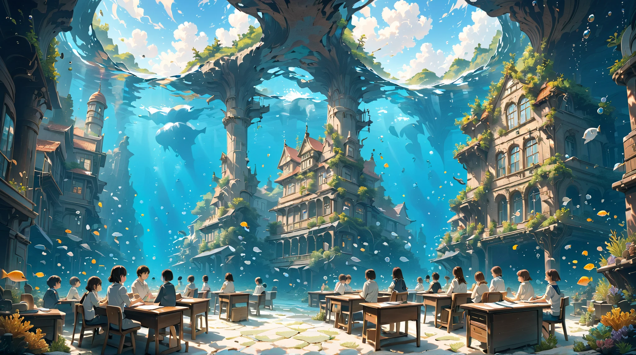 underwater, classroom, students, people, (masterpiece, ultra detailed, top quality), anime, studio ghibli, detailed background.