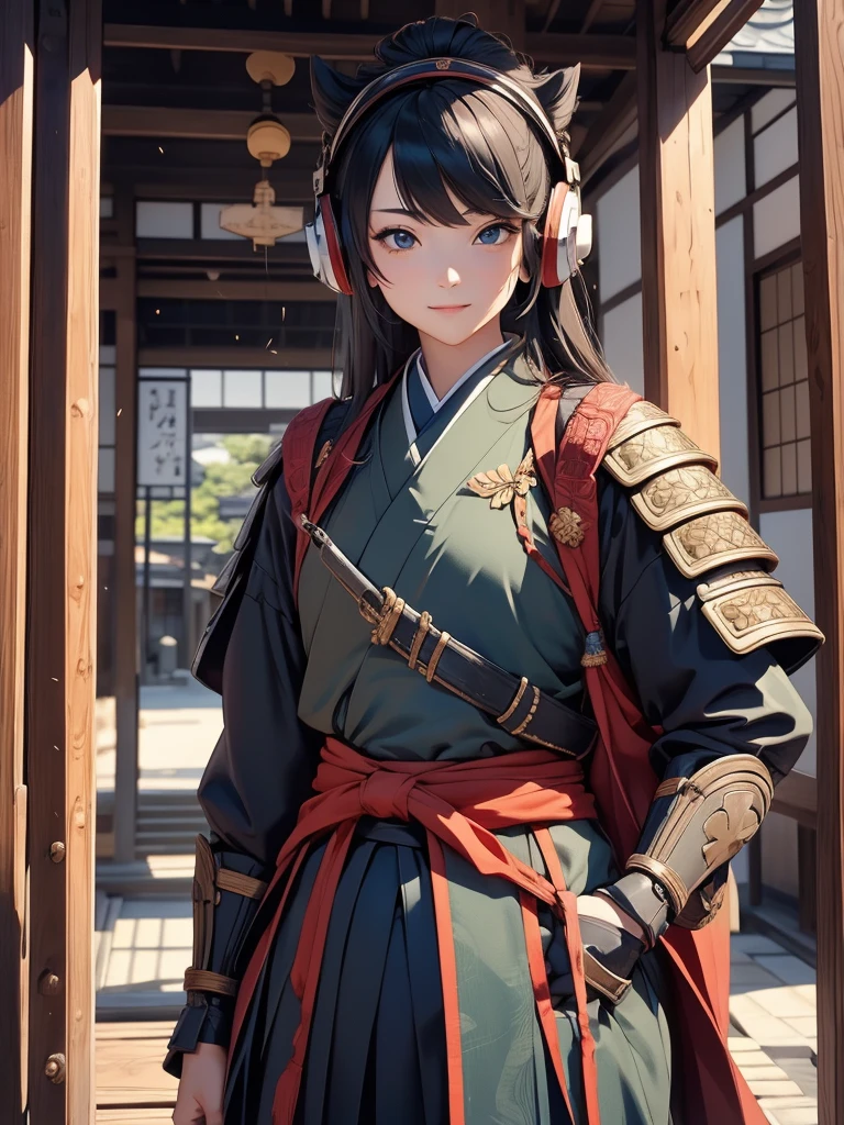  masterpieces at the front door of the house、（ west shots in an Edo period town in Japan:1.3）、 Anime Beautiful Girl、（Age 19）、（Futuristic design earmuffs with perfect Anatomy :1.4）、（6.5 heads）、smile、Military commander、（ Japanese Armor ）、（ Japanese armor）、（姫Military commander）、Composition of 