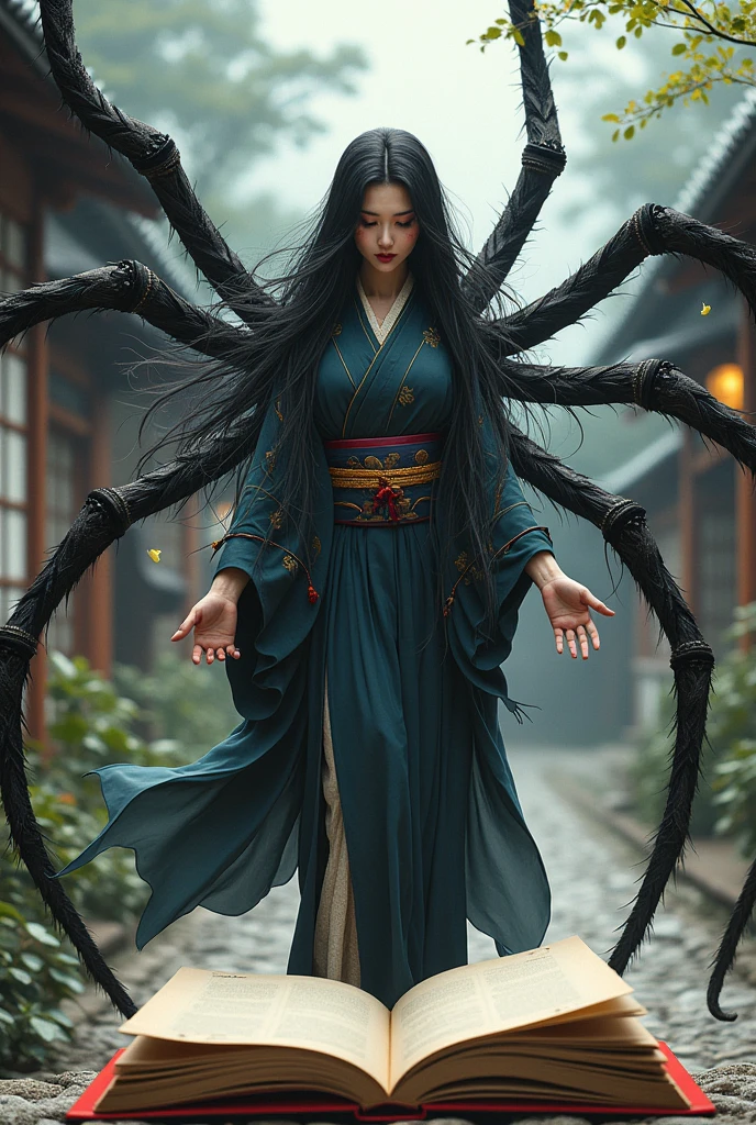 「Orb spider」 、 half of a spider and a human 、Whole body expression、 Japanese、woman、、 beautiful girl、 black hair long hair 、 is wearing a kimono 、 hands look like spider tentacles、Tentacles from the back ６The book is out、 The background is in the village 、