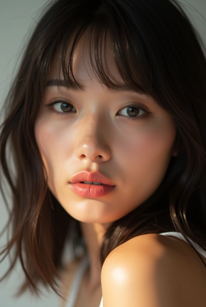 A beautiful  18 years old girl, modern hair to shoulders length with short bangs , (((wide lips))), ((slanted eyes)), (small nose).  face as recently woke up, no makeup, wearing a kimono, very realistic picture, reflex canon professional picture, (supermodel face), north korean face, portrait of face, zoom in face, tanned