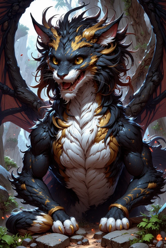 combines the characteristics of a cat and dragon. gaint, It has a connection with the three elements of earth, air and fire. fantasy setting, 8k, uhd, masterpiece, detailed. Black fur with golden parts on head, neck and paws. Fluffy, long fur