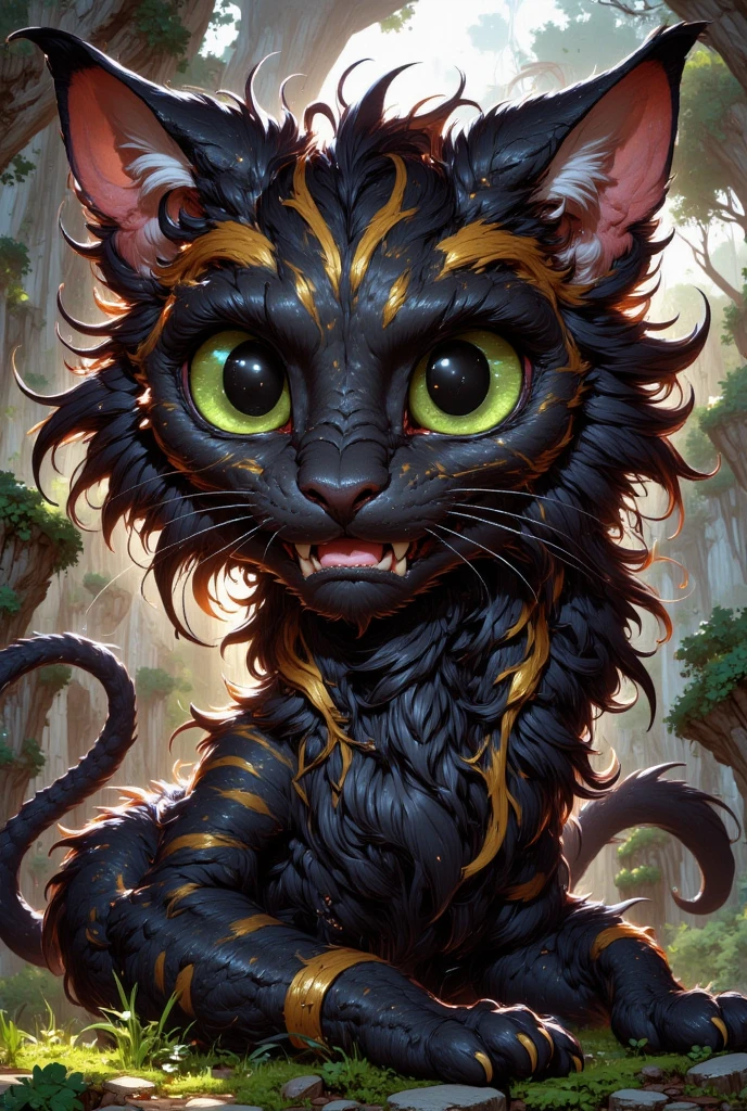 combines the characteristics of a cat and dragon. gaint, It has a connection with the three elements of earth, air and fire. fantasy setting, 8k, uhd, masterpiece, detailed. Black fur with golden parts on head, neck and paws. Fluffy, long fur