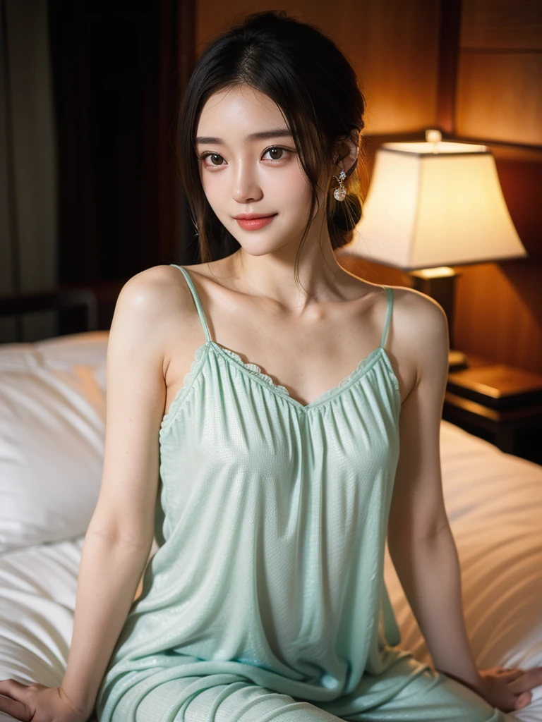 Fashion model 18 years old， [[[[Close-up cleavage]]]], [[[[rapeseed]]]], [[[[bshoulders]]]], perfect  eyes, Perfect iris，perfect lips，perfect teeth，Perfect Skin，with fair skin，HighDynamicRange，Movie Girl，((delicated face))，((Highly defined faces))，(((Pure white antique style casual underwear)))，(((Metamorphosis exposed)))，(((lace underwear big breasts)))，（(((Ancient Chinese bedroom in the background)))，((kneeling on a bed))，((legs separated))，(green trees outside the window，flowers blooming)，((An excited and satisfied smile on his face))，(( and charming expression))，((looking at viewert))，4K Ultra HD, 超高分辨率, (realistically: 1.4), Best quality，tmasterpiece，（pastel colour：1.2）