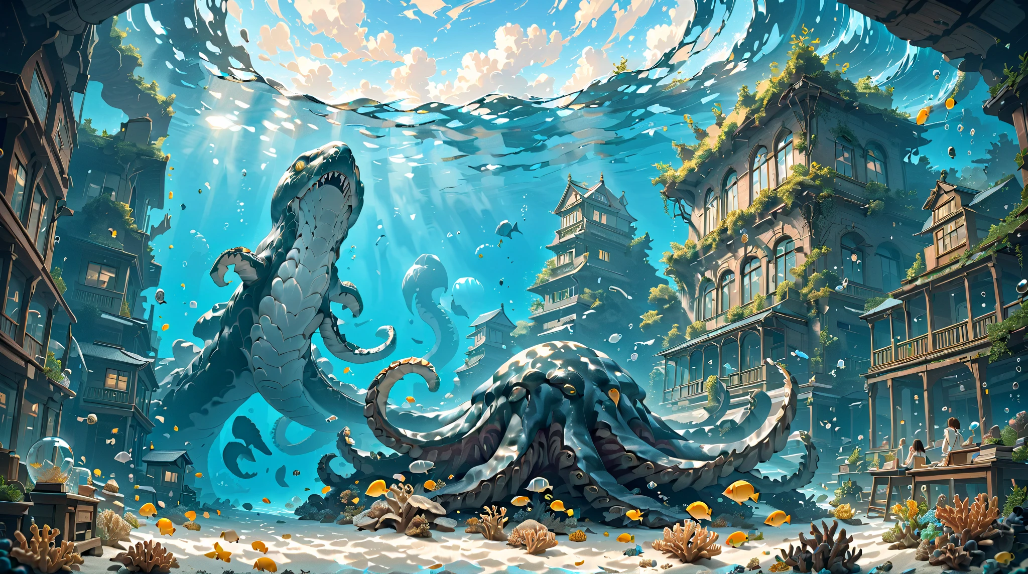 underwater, classroom, students, people, kraken, (masterpiece, ultra detailed, top quality), anime, studio ghibli, detailed background.