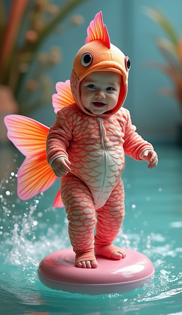   This image shows an adorable baby dressed in an elaborate way,   artistic fantasy similar to a colorful fish  ,   complete with vibrant fins and scales  .  The baby is standing , walking and smiling cheerfully  , exuding a sense of charm and fantasy  ,   with a glamorous setting in the background  .  Realistic photo he is riding a pink button in the water and they are having fun 