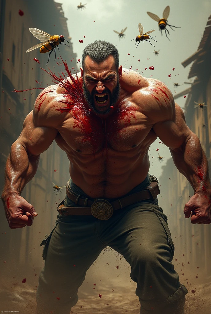 3D Photorealistic, Masterpiece realistic, best high quality, perfect details, RAW Photo, intricate details, nice lighting, 4K, detailed background, (excessive huge muscle:1.5), (huge buff muscle:1.4), (veiny muscle:1.5), victor asimov from powerpunch, hot beard, fighter, looking at viewer, lightning eye, well built abs, muscular, bruises, sweat, blood, steam, red glove, posing, (look at viewer:1.2), huge bulge, beaten down, (exhausted:1.8, sweat:1.5, bruised:1.6, blood:1.5), details physic muscle, (hard breathing:1.8), high details facial expression.