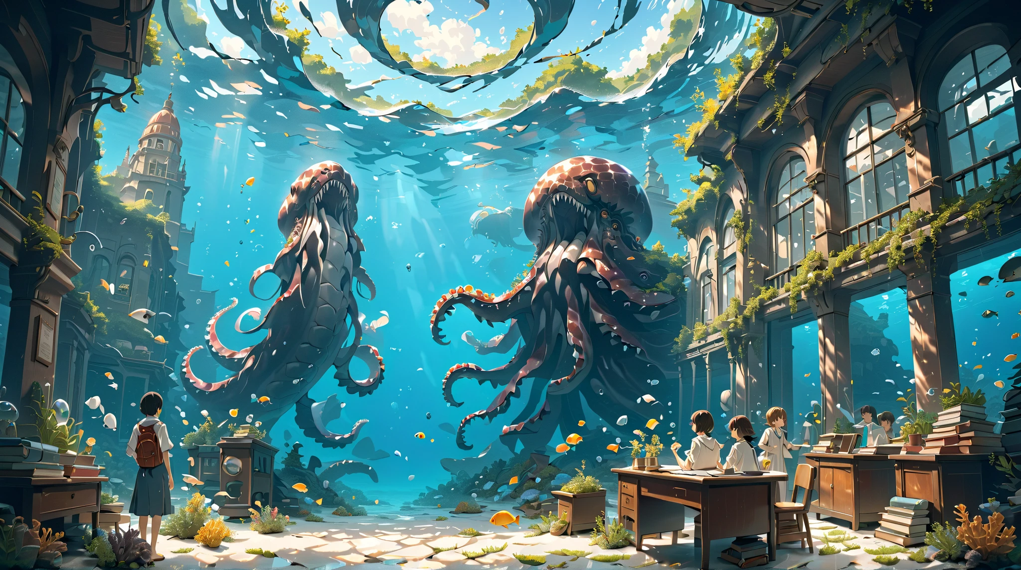 underwater, classroom, students, people, kraken, (masterpiece, ultra detailed, top quality), anime, studio ghibli, detailed background.