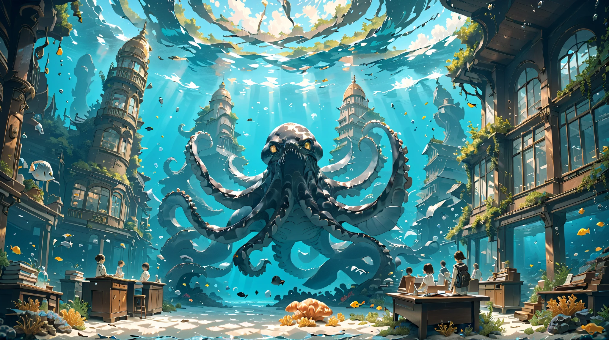 underwater, classroom, students, people, kraken, (masterpiece, ultra detailed, top quality), anime, studio ghibli, detailed background.