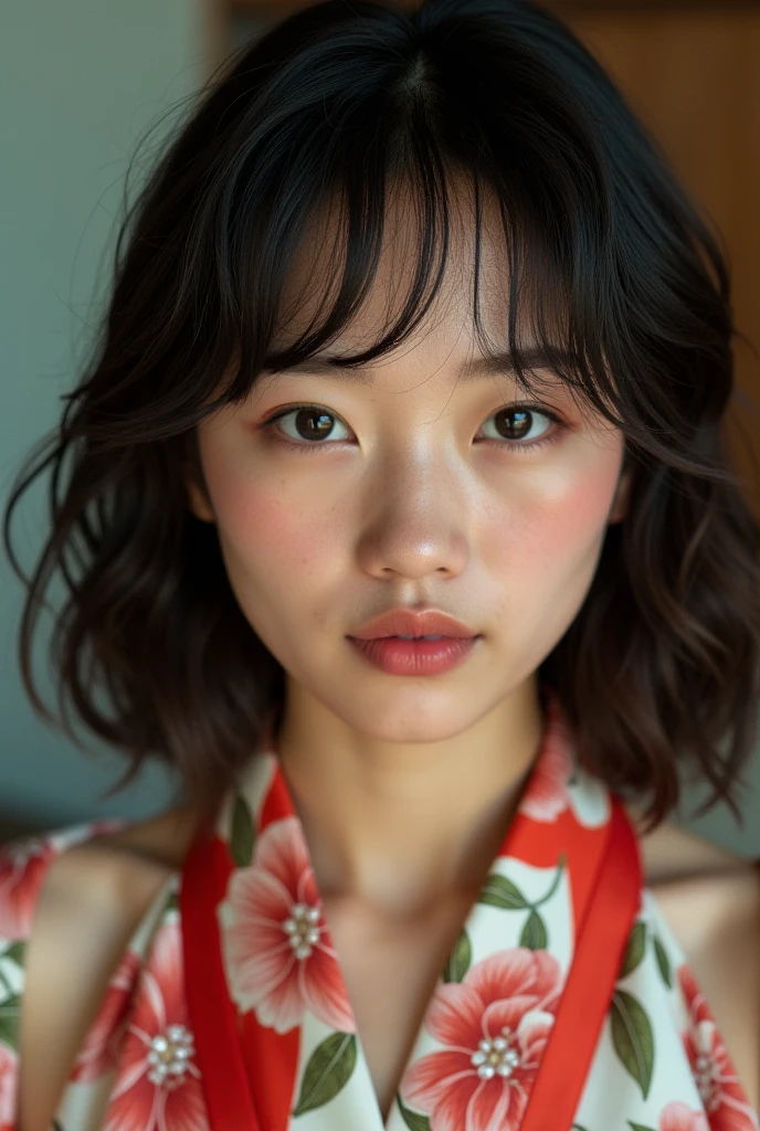 A beautiful  18 years old girl, modern hair to shoulders length with short bangs , (((wide lips))), ((slanted eyes)), (small nose).  face as recently woke up, no makeup, wearing a kimono, very realistic picture, reflex canon professional picture, (supermodel face), north korean face, portrait of face, zoom in face, tanned, soft freckles, prominent cheeks, bare shoulders