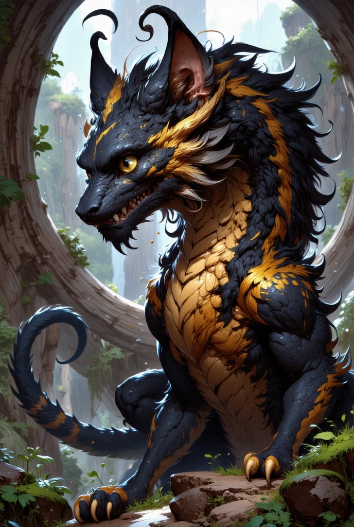 combines the characteristics of a cat and dragon. gaint, It has a connection with the three elements of earth, air and fire. fantasy setting, 8k, uhd, masterpiece, detailed. Black fur with golden parts on head, neck and paws. Fluffy, long fur