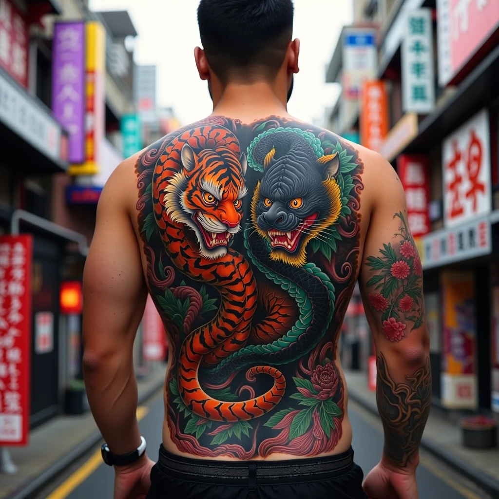 A Yin and Yang tattoo with one part being a tiger and the other a dragon, both colorful and highly detailed, on the back of a muscular man. In the background you can see a colorful cyberpunk Tokyo-like city in a gang neighborhood.