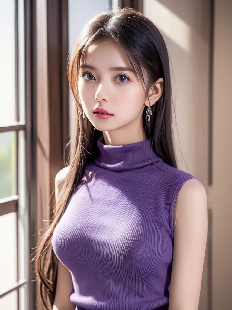 top quality、 Super high resolution 、(Photographically: 1.4),( elegant mature :1.3), ((I'm wearing a purple sleeveless turtleneck sweater:1.3)), ( white pleated mini skirt), (Beautiful breasts,Chest irregularities:1.1), (  shiny hair:1.2), ((  asymmetrical bangs that grab the chest:1.2)), ((  standing by the window drinking coffee:1.2)), ( Watch Viewers :1.2), (( focus on the face:1.2)),((A morning in a modern Japanese office:1.2)), ( face close-up:1.2)