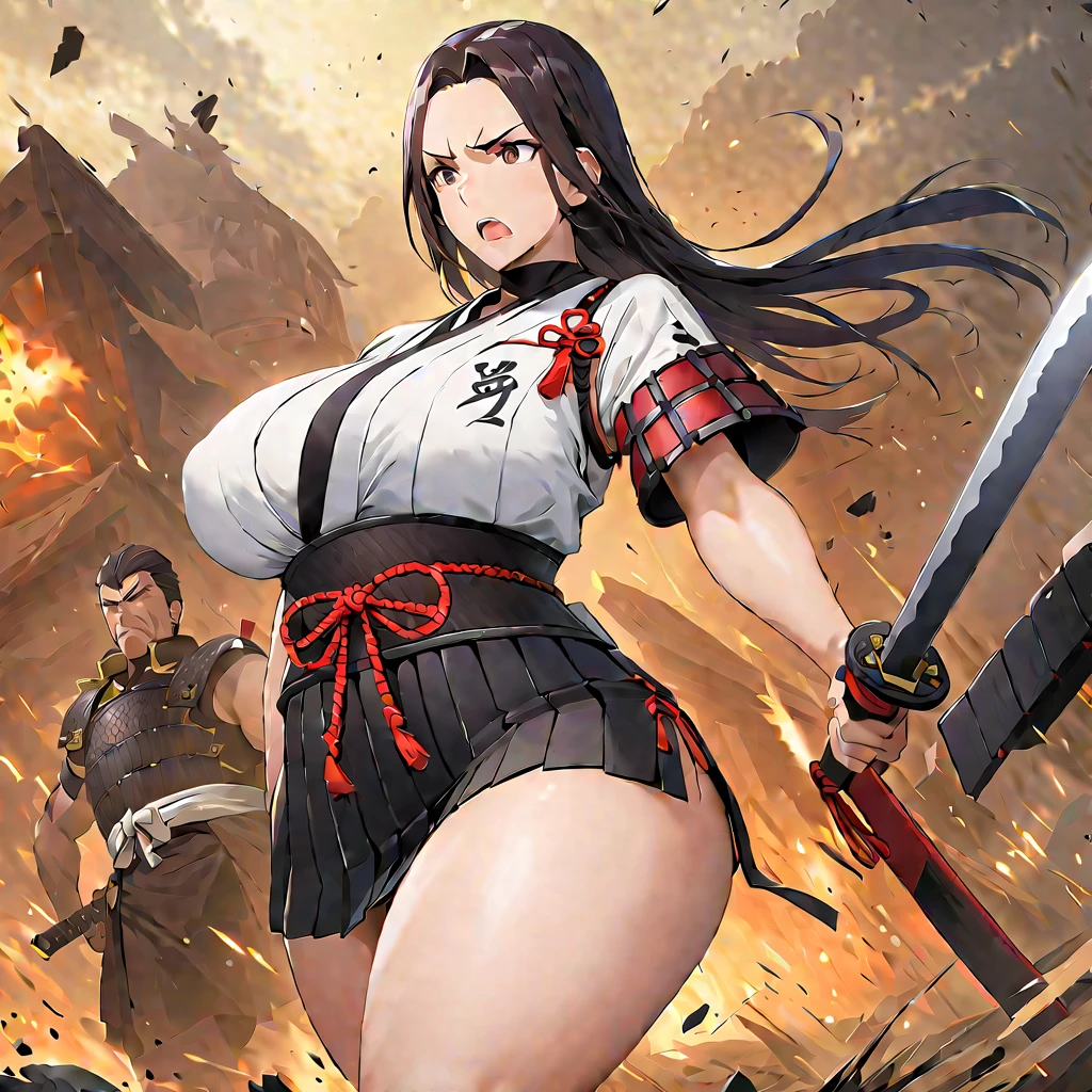 score_9, score_8_up, score_7_up,(hi-quality,high resolution),Black hair, straight long, [[parted in the middle]], forehead,(japanese armor,chest),white kimono, black miniskirt,knee socks, big breasts, dark eyes, slanted eyes, (curvy body),holding a sword, in battle,((cowboy shot))SimplePositiveXLv2.Ninja,Destruction,God of military arts,,