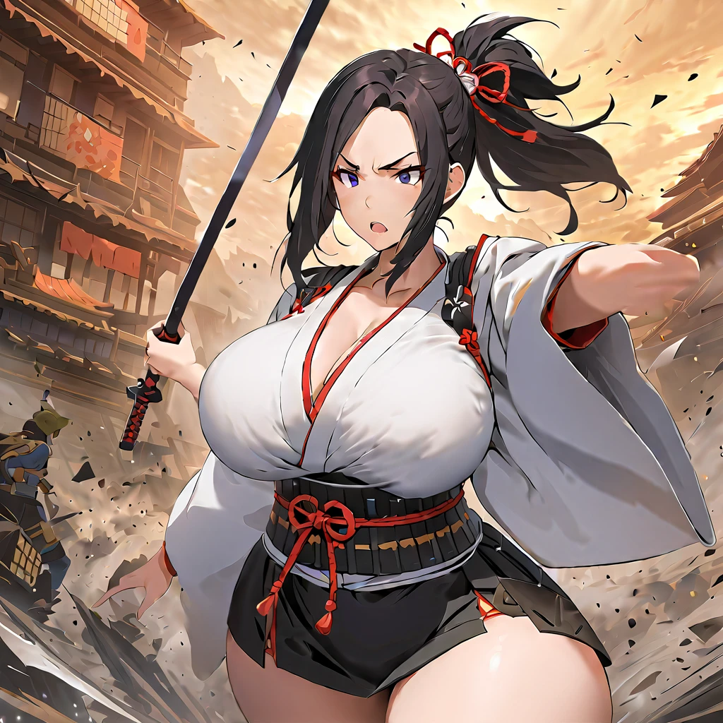 score_9, score_8_up, score_7_up,(hi-quality,high resolution),Black hair, straight long, [[parted in the middle]], forehead,(japanese armor,chest),white kimono, black miniskirt,knee socks, big breasts, dark eyes, slanted eyes, (curvy body),holding a sword, in battle,((cowboy shot))SimplePositiveXLv2.Ninja,Destruction,God of military arts,,