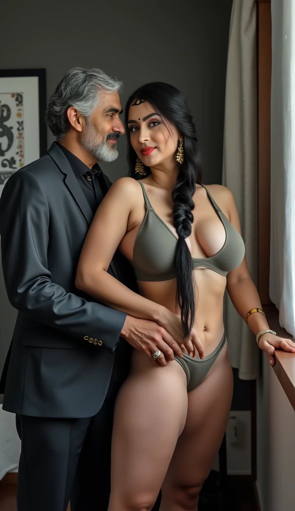 Indian couple, tall hot healthy curvy physique mom body white skin toned south indian white skin curvy girl with long black single plaited hair, simple black bindhi, thick thighs, big ass, woman wearing bra(big breast) and underwear(big curvy waist), indian old man with fat body half bald salt and pepper color hairstyle and beard, old man wearing suit, in room, full body view, couple looking at camera, pokies