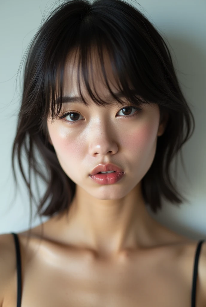 A beautiful  18 years old girl, modern hair to shoulders length with short bangs , (((wide lips))), ((slanted eyes)), (small nose).  face as recently woke up,  very realistic picture, reflex canon professional picture, (supermodel face), north korean face, portrait of face, zoom in face, tanned, ((soft freckles)), prominent cheeks, bare shoulders, serious look, 