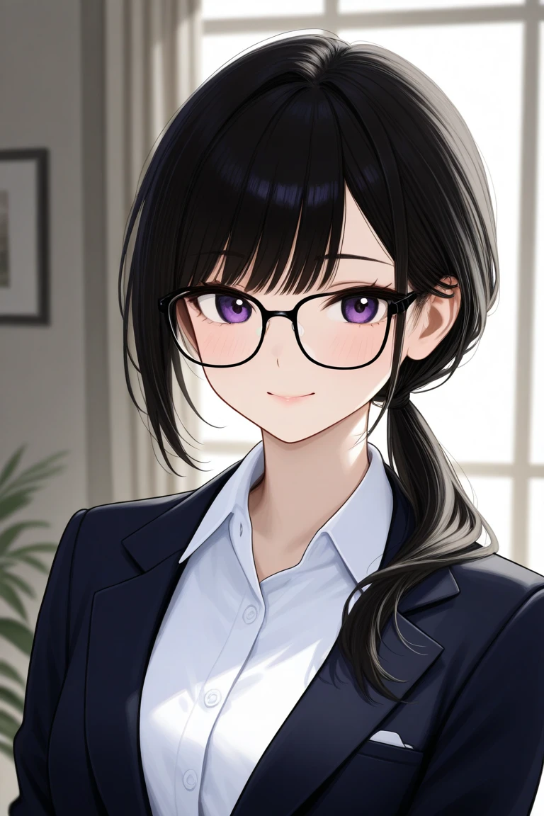 A young woman with glossy black hair styled in a loose, low ponytail. She has a gentle and approachable expression, wearing black-rimmed glasses. Her outfit consists of a sleek blazer and a neatly buttoned blouse, exuding a professional secretary look. The setting is a modern and elegant CEO's office, with large windows, minimalistic furniture, and soft natural lighting. The overall color palette is warm and sophisticated, highlighting her professionalism and approachable nature