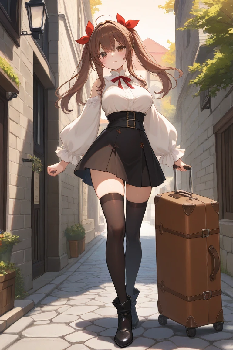 Freelen walking along a medieval-style cobblestone street with a suitcase 　中世風の石畳の道を歩くフリーレン