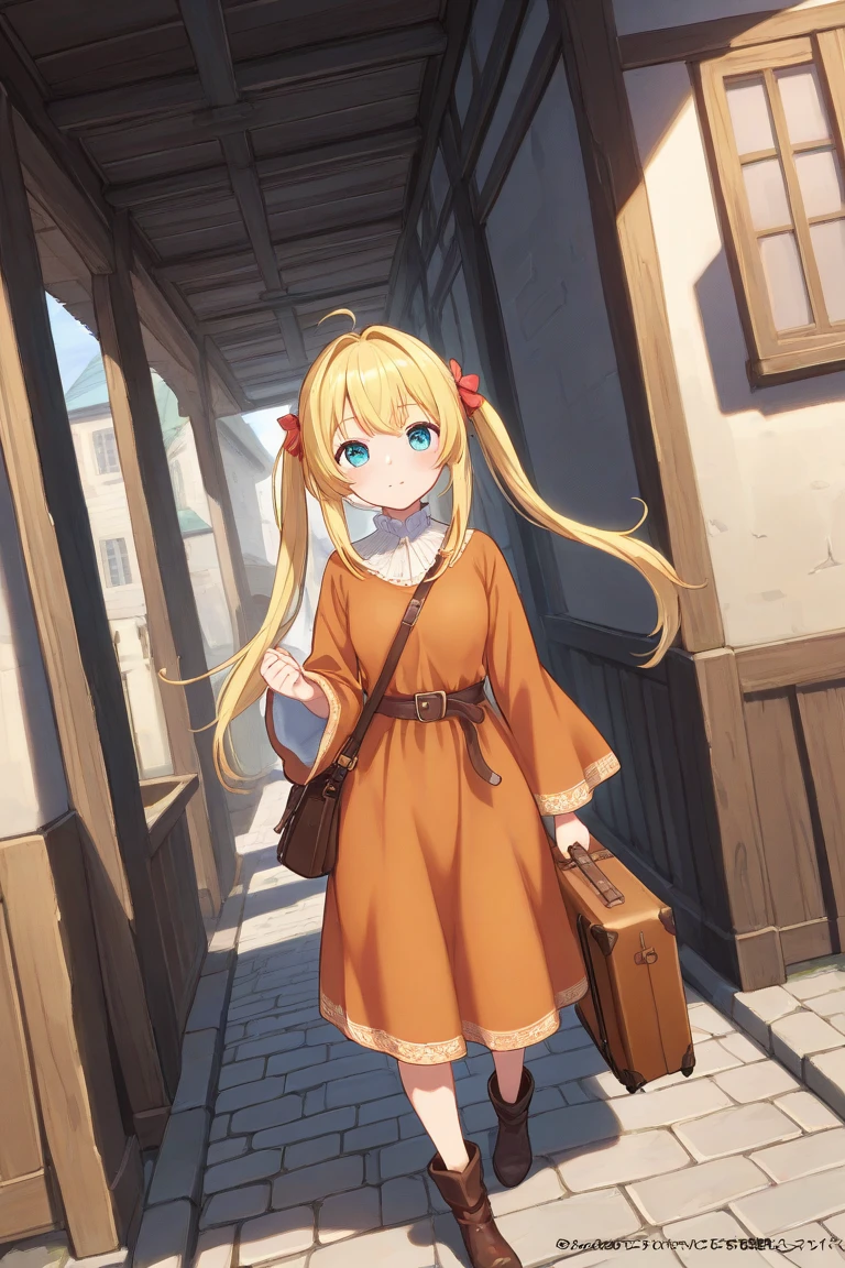 Freelen walking along a medieval-style cobblestone street with a suitcase 　中世風の石畳の道を歩くフリーレン