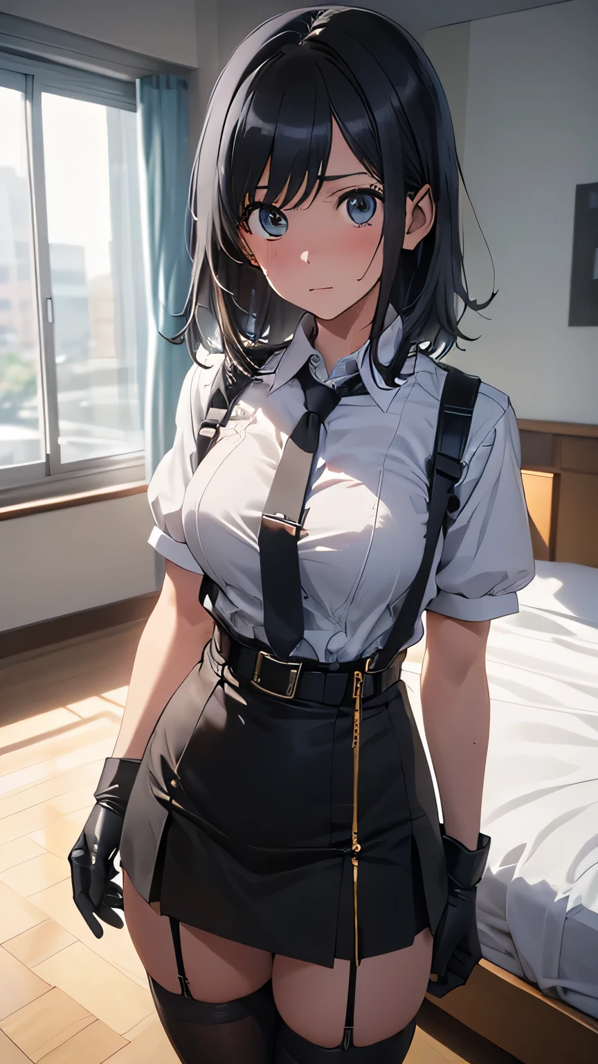 High Quality , masterpiece, super high res, ( realism: 1.4), oil painting style , movie lighting, , I stood on an empty asphalt road and watched it.., and、flying crane suspenders Big Breasts Small Face lying on the bed looks up at the sweat belt buzzer 脇sweat black hole gloves suit miniskirt garterbelt Foot Link ズボンのbelt place hands on back uneasy expression looks up at the uneasy expression Knee-length knee socks Knee-length socks garter belt garter Garterbelt on thighs, place hands on back restrict handcuffs Cable ties Cable ties on thumbs big boobs