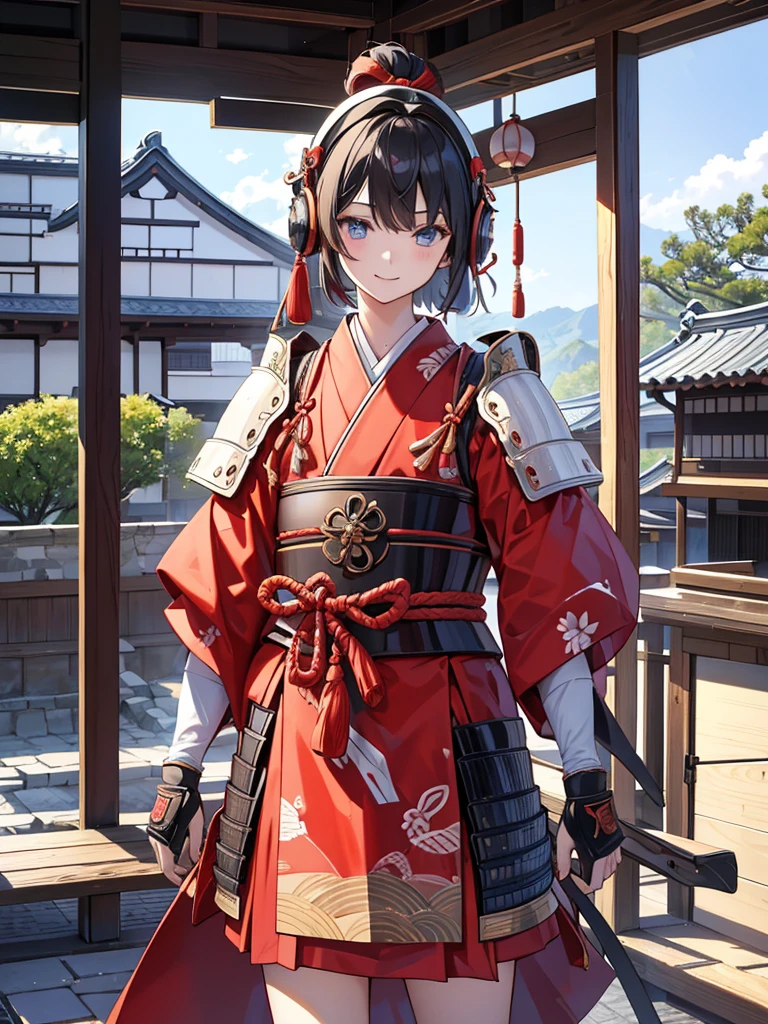  masterpieces at the front door of the house、（ west shots in an Edo period town in Japan:1.3）、 Anime Beautiful Girl、（Age 19）、（Futuristic design earmuffs with perfect Anatomy :1.4）、（6.5 heads）、smile、Military commander、（ Japanese Armor :1.2）、（ Japanese armor）、（姫Military commander:1.2）、Composition of 