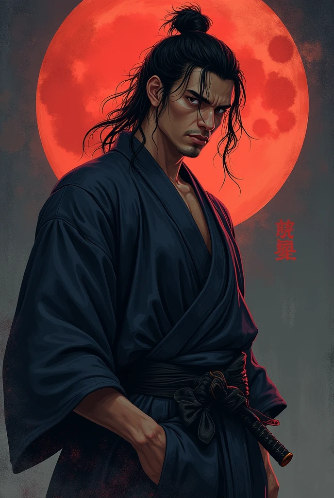 a high resolution, Sharp Focus, pixiv masterpiece, ((complex parts)), very detailed, Yasuri_Shichika, 1 boy, Male, striped beaded necklace, black hair, (spiky hair:1.1), Ponytail, Very long hair, red clothes, Red open clothes, Simple kimono, Also