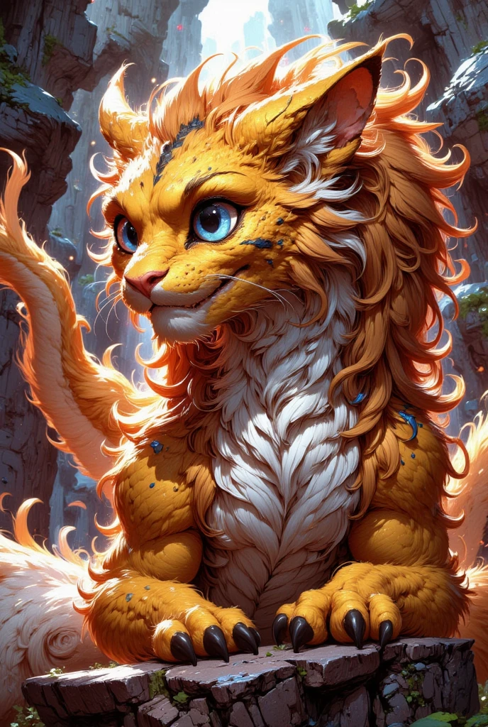 combines the characteristics of a cat and dragon. gaint, It has a connection with the three elements of earth, air and fire. fantasy setting, 8k, uhd, masterpiece, detailed. Golden fur with smaragd parts on head, neck and paws. Fluffy, long fur