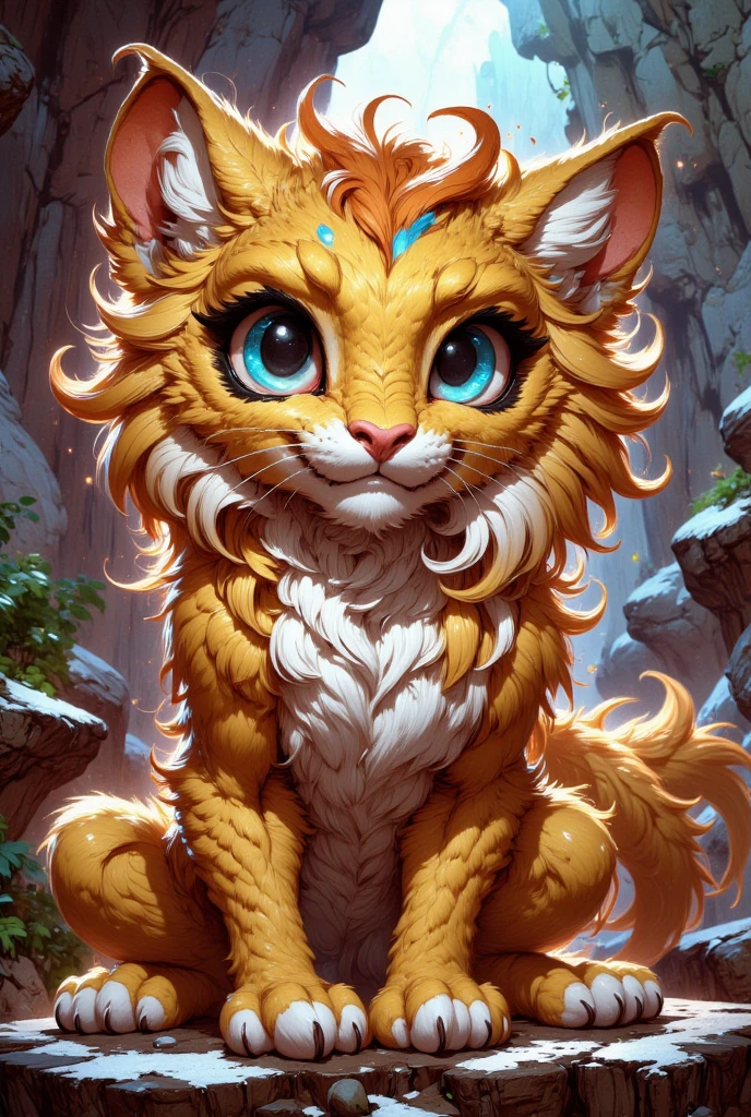 combines the characteristics of a cat and dragon. gaint, It has a connection with the three elements of earth, air and fire. fantasy setting, 8k, uhd, masterpiece, detailed. Golden fur with smaragd parts on head, neck and paws. Fluffy, long fur