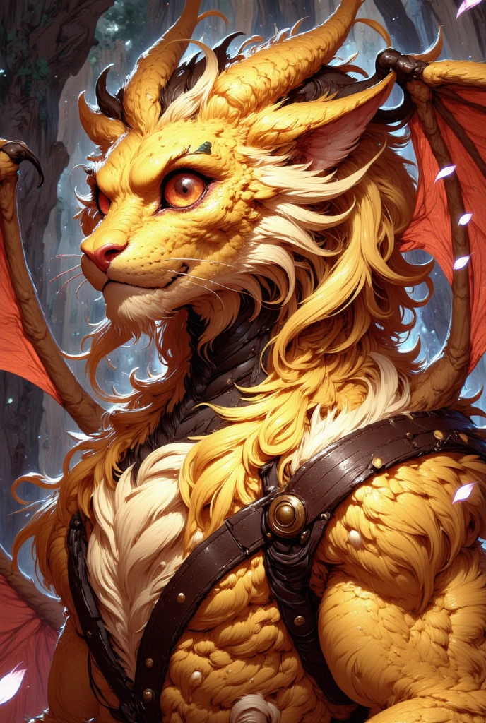 combines the characteristics of a cat and dragon. gaint, It has a connection with the three elements of earth, air and fire. fantasy setting, 8k, uhd, masterpiece, detailed. Golden fur with smaragd parts on head, neck and paws. Fluffy, long fur