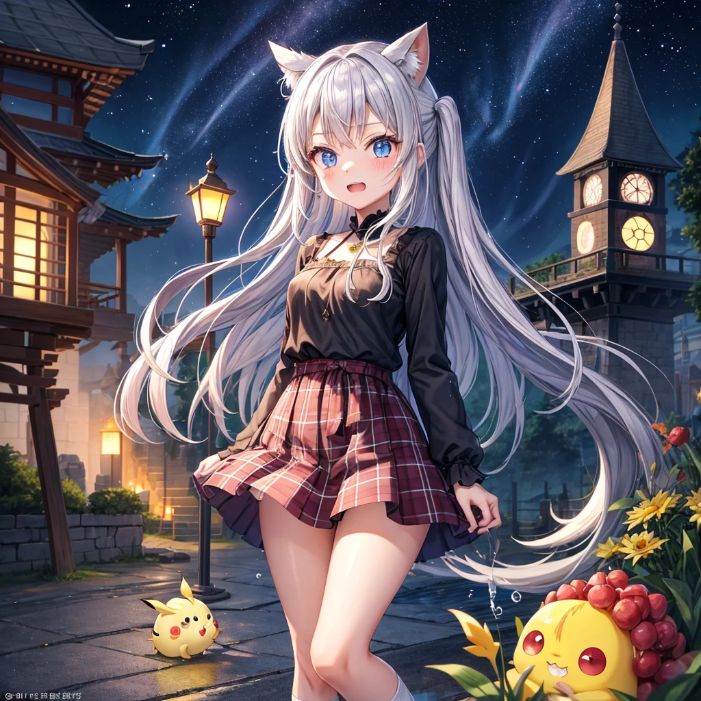 Chestnut Hair、 blue eyes、 with hair tied、Two cute、 plaid miniskirt to make up for embarrassment、 BLACK T-SHIRT、 Long Sleeve 、 light clothing、 dress、 camisole、 high socks、Teeth are visible、The stone is cracked、The road is curved、tree、Mountain々、diagonal、 monster 、fog、 Aurora、moon、star、night、Darkness、Gust of wind、Bonfire、 fruit basket 、sugar、 crossed legs 、Sticking together、 Sacred Light 、Water Drop、Clock Tower、silver、Musashi、The marble ground is reflecting、tunnel、A light that seems to disappear、 looking back、Houseboat、Pika-Pika-Glitter、The dragon that rises to the sky、balloon