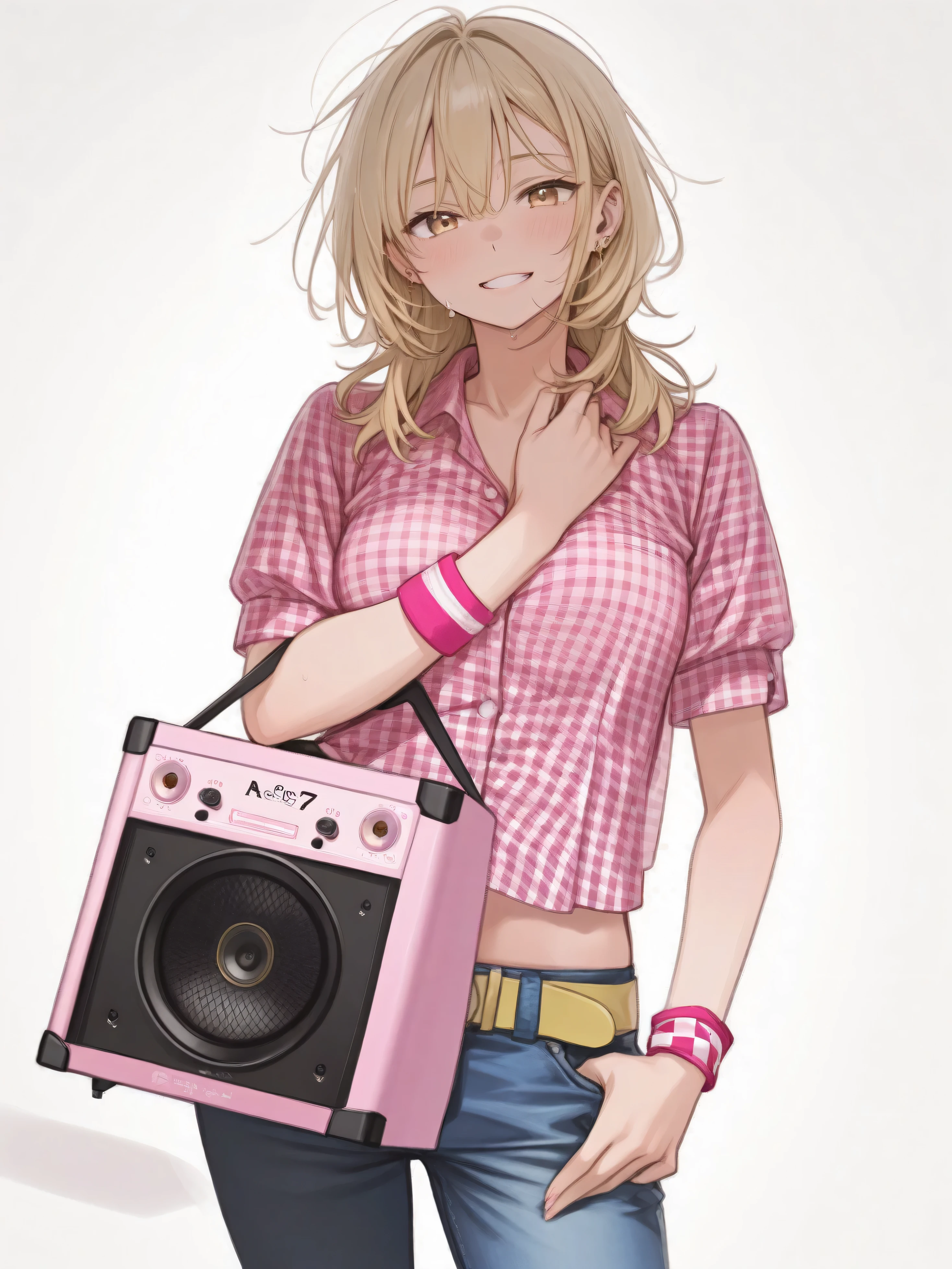  girl ,  blonde ,  speaker on her elbow, blue jeans, a pink checkered shirt holds a 