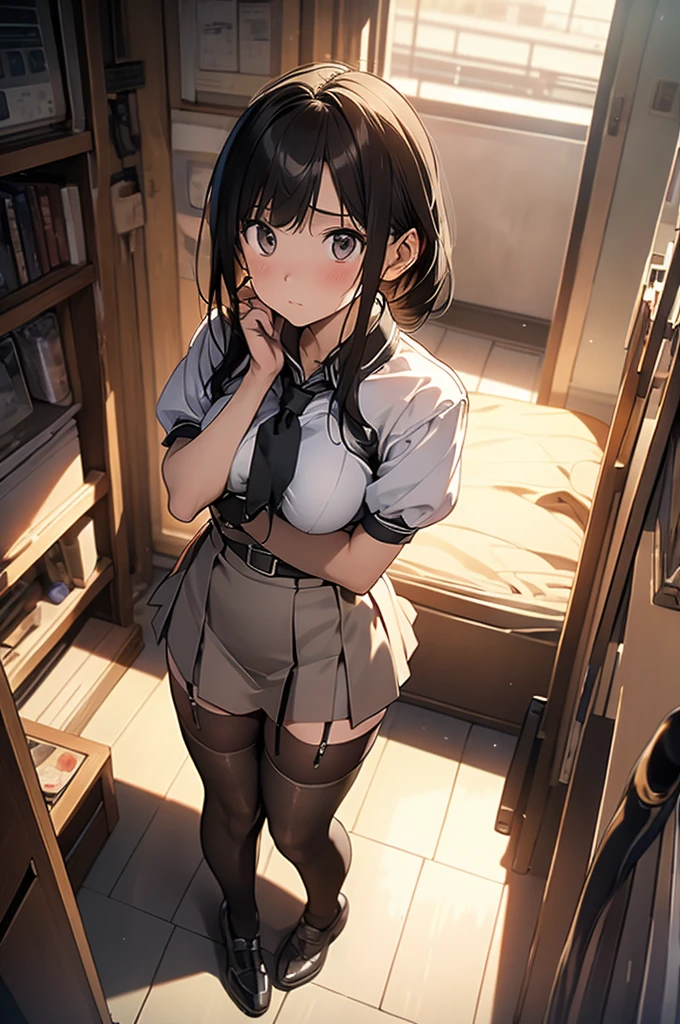 masterpiece,Top image quality,hight resolution,imagem 4k,Raw photo,Photorealsitic,{Solo},{{{}}},sex toy,dildo,,, Insert into ,Mini skirt,Schoolgirl Uniform,Ahegao,A dark-haired,hi-school girl、1人、Correct body structure、Take care of the texture、silber hair、Medium bob、I'm embarrassed and embarrassed、smiling wryly、with blush cheeks、knitted sweater、huge tit、Beautiful breasts、kirakira、Girl sitting、Looking up from a low angle、A combination of cuteness and mystery、inside in room、The morning sun overflowing through the window、Be careful not to feel uncomfortable、Beautiful thighs、overknee socks、Short skirt、Panties that look like they can be seen、Bare your chest、Breastfeed、valley