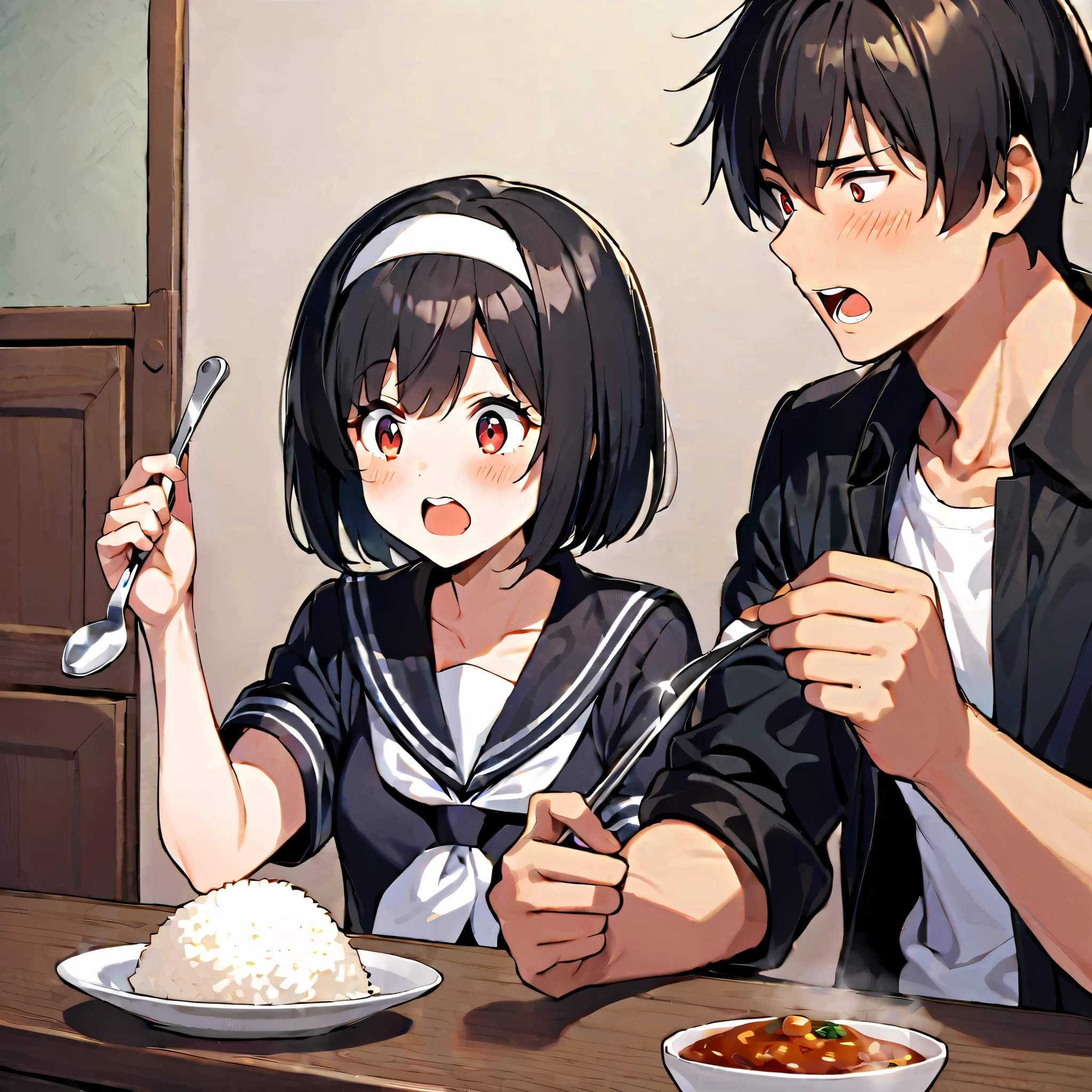 1girl, blush, short hair, open mouth, bangs, seifuku, black hair, red eyes, 1boy, holding, sitting,black jacket, white shirt, short sleeves, hairband, food, open clothes, teeth, indoors, dark skin, seifuku, cup, sailor, siblings, eating, table, plate, bowl, wide-eyed, white hairband, spoon, brother and sister, rice, holding spoon, curry