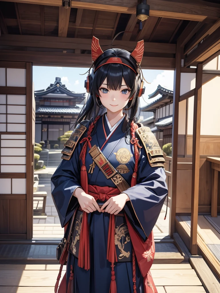  masterpieces at the front door of the house、（ west shots in an Edo period town in Japan:1.3）、 Anime Beautiful Girl、（Age 19）、（Futuristic design earmuffs with perfect Anatomy :1.4）、（6.5 heads）、smile、Military commander、（ Japanese Armor :1.2）、（ Japanese armor）、（姫Military commander:1.2）、Composition of 