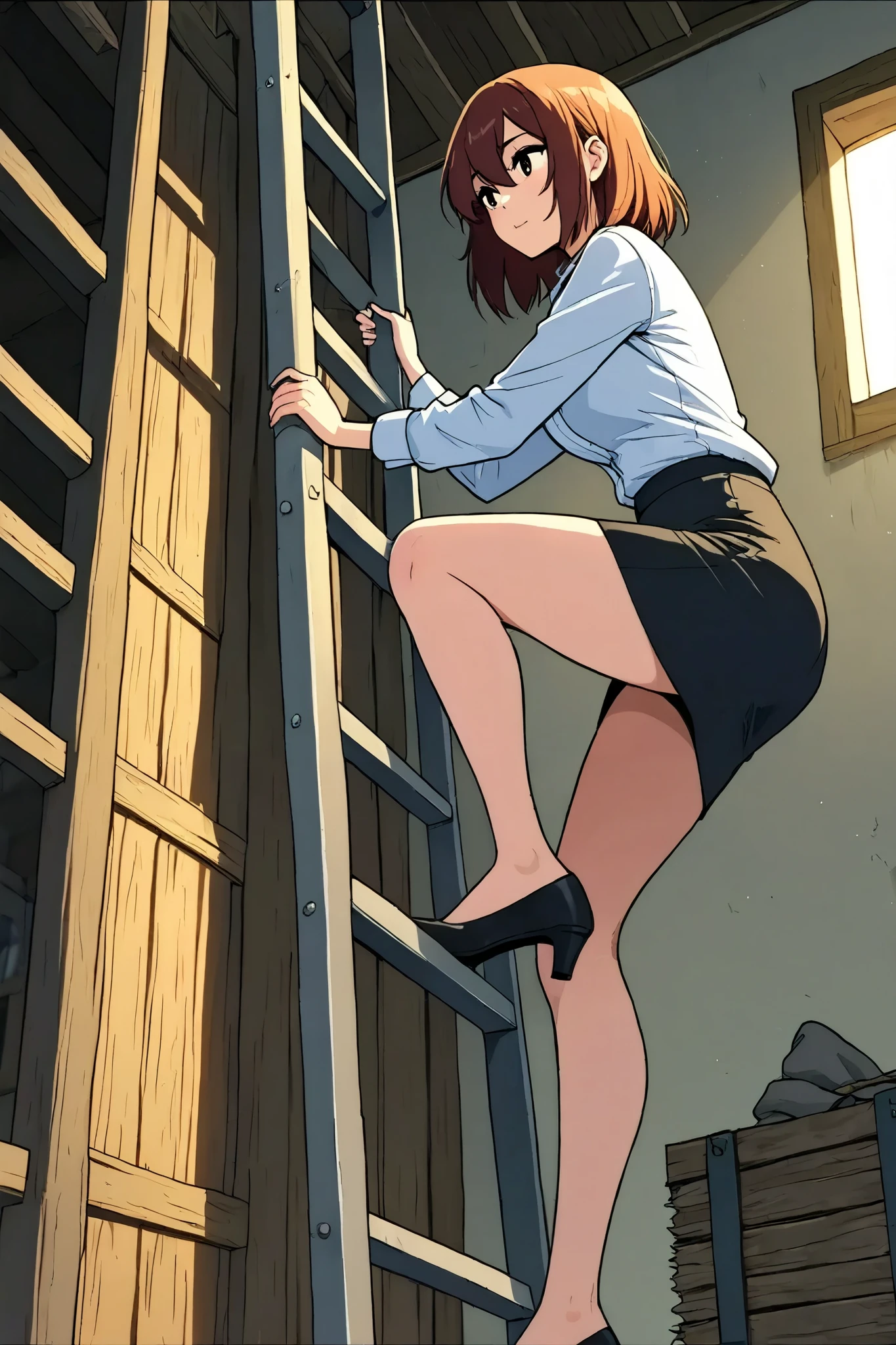 ,climb a ladder,(masterpiece,  top quality :1.2),  1 girl, Alone,Grab the ladder with both hands,Only one ladder, office lady 、 skirt 、hand,stable_Yogis_Animetoon_Negatives