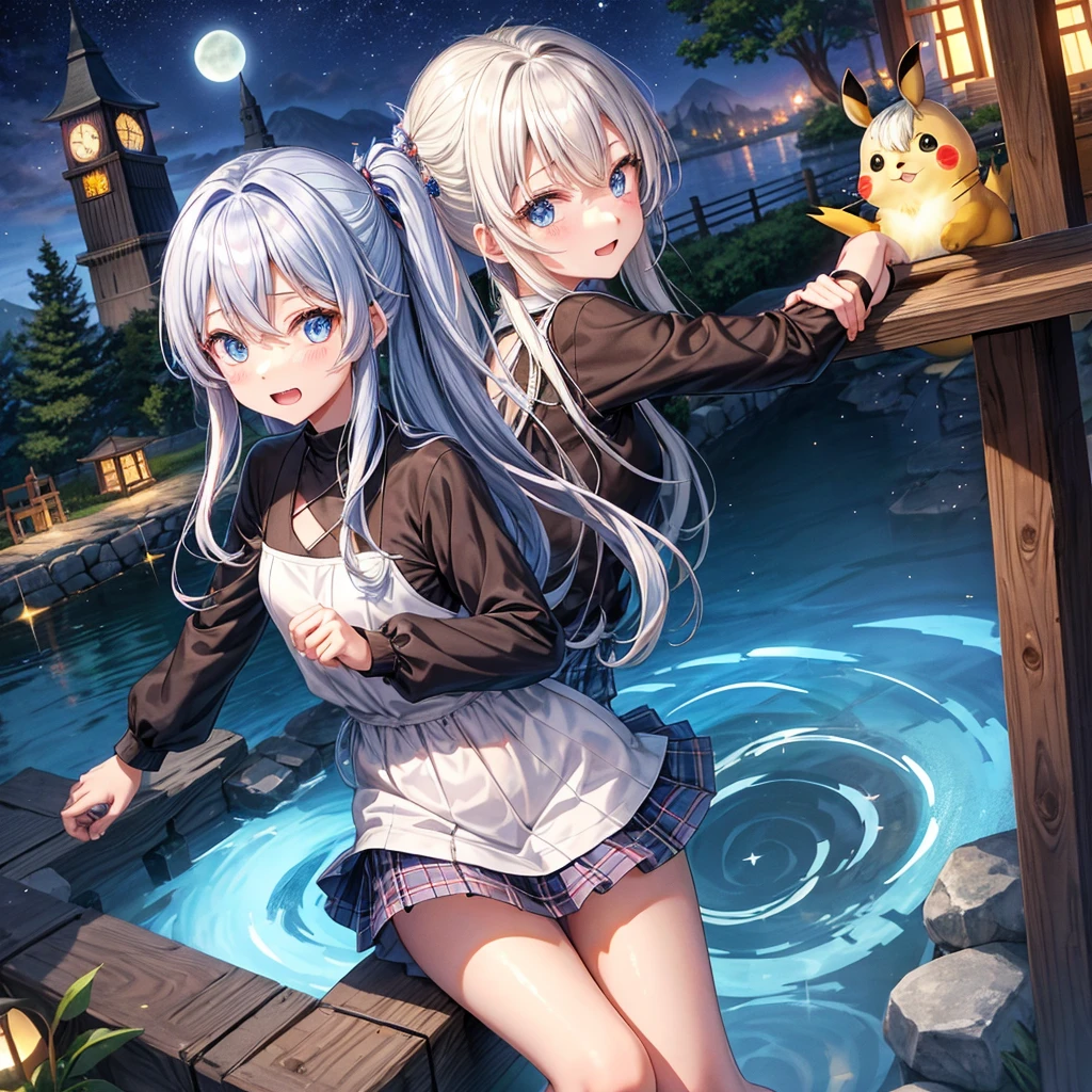 thin and soft hair、Energetic movement、Earrings、necklace、Beautiful glowing white skin,、 bright, Refreshing and gentle look, Perfect beautiful pretty face, Shiny platinum blonde straight long hair reaching down to her waist, Beautiful shiny bangs, ((Very beautiful and beautiful4Year old girl)), eyeliner, so perfect and beautiful, Big clear sky blue eyes, bright eye highlights, Baby Face、Cute smile、Long eyelashes、Cute figure、Looking down on a young girl from above、photograph、high quality、24k、16k、quality、Shorts T-shirt、I can see a big waterfall、Short Bob、