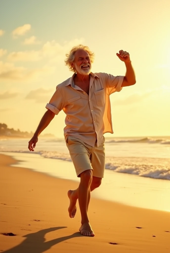 A man on the beach waves smiling completely naked (uncensored)