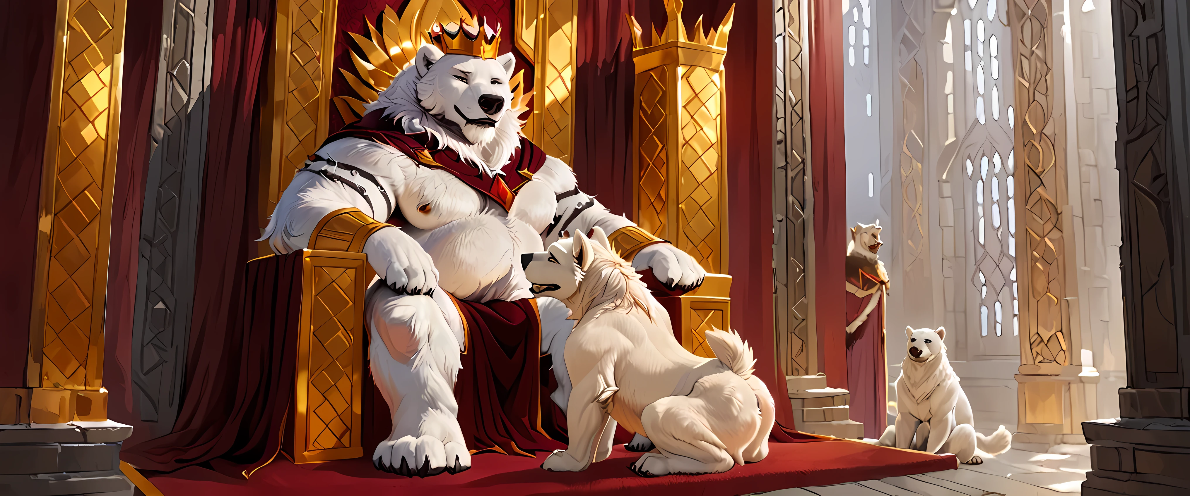 A White Bear KING , with short hair , Sitting on a throne and being worshiped