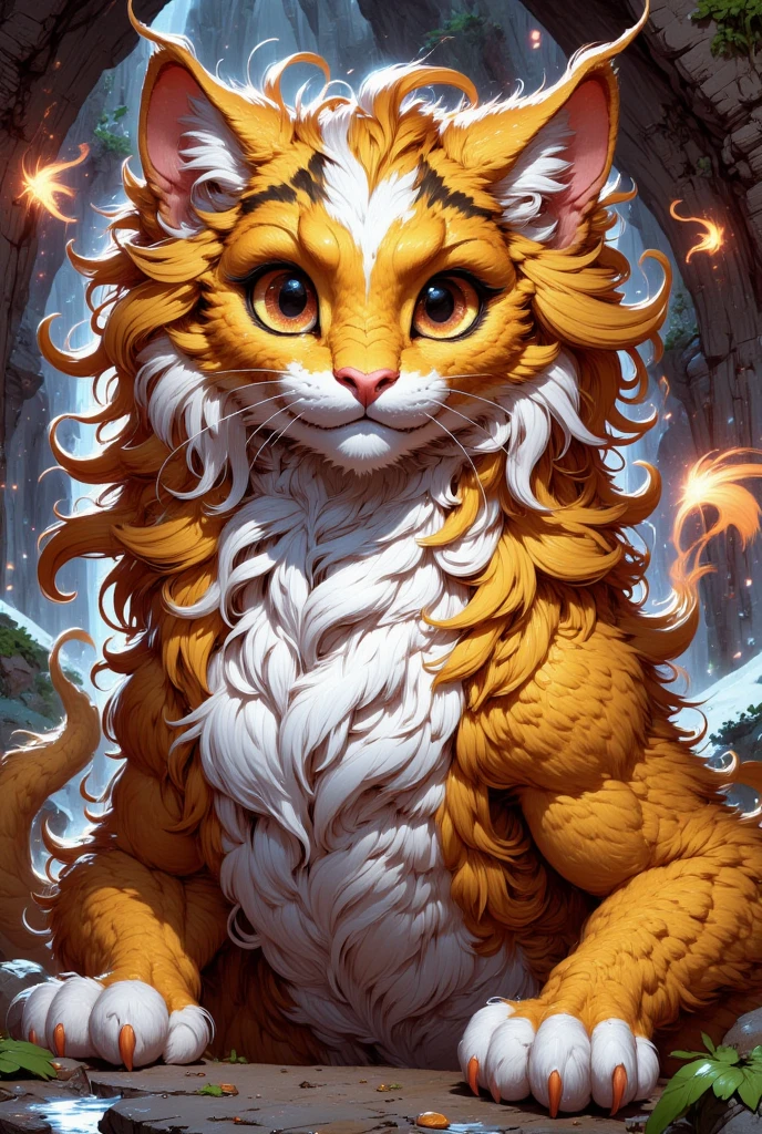 combines the characteristics of a cat and dragon. gaint, It has a connection with the three elements of earth, air and fire. fantasy setting, 8k, uhd, masterpiece, detailed. Golden fur with lazure parts on head, neck and paws. Fluffy, long fur