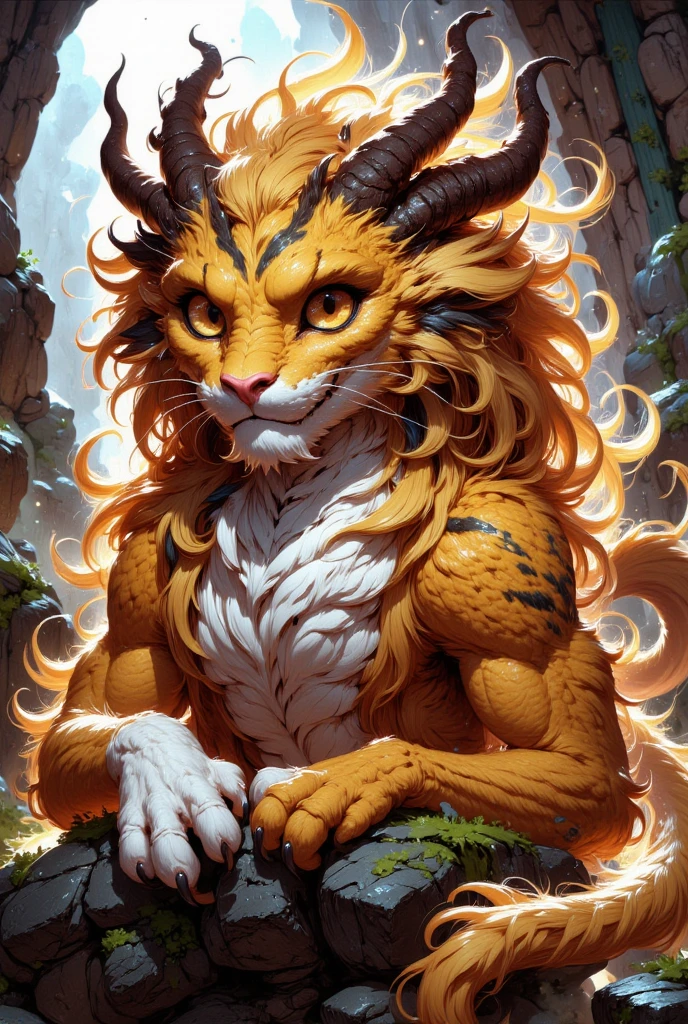 combines the characteristics of a cat and dragon. gaint, It has a connection with the three elements of earth, air and fire. fantasy setting, 8k, uhd, masterpiece, detailed. Golden fur with lazure parts on head, neck and paws. Fluffy, long fur