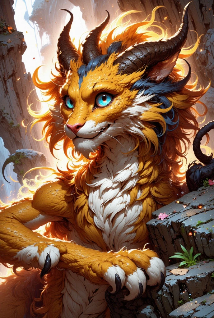 combines the characteristics of a cat and dragon. gaint, It has a connection with the three elements of earth, air and fire. fantasy setting, 8k, uhd, masterpiece, detailed. Golden fur with lazure parts on head, neck and paws. Fluffy, long fur